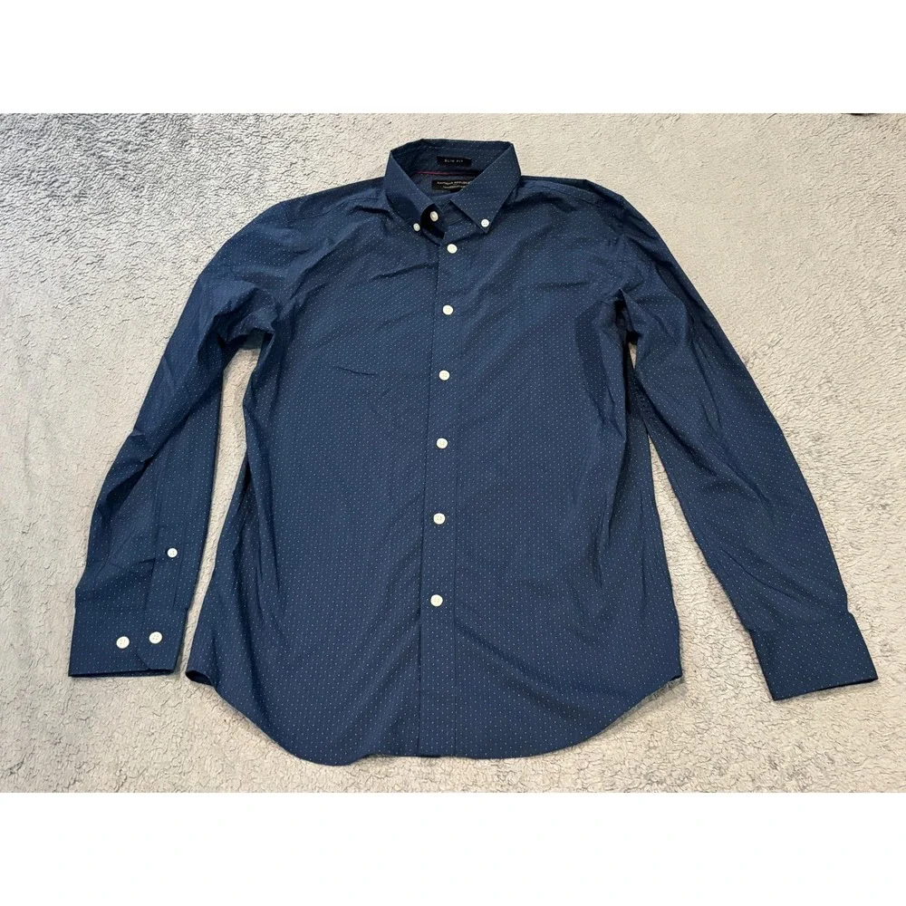 Banana Republic Mens Slim Fit Performance Shirt Navy Blue Dot Stretch Small